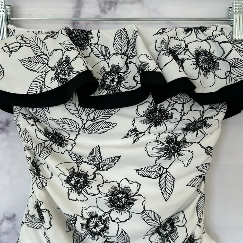 TOMMY HILFIGER Blossom White Black Ruffle Neckline One Piece Swimsuit Size 4